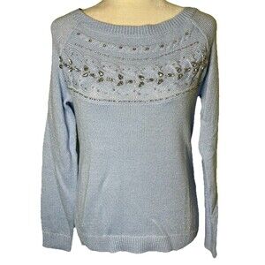 Women’s Light Blue Beaded Sweater Metallic Knit Shimmery Feminine Classic Sz Sm